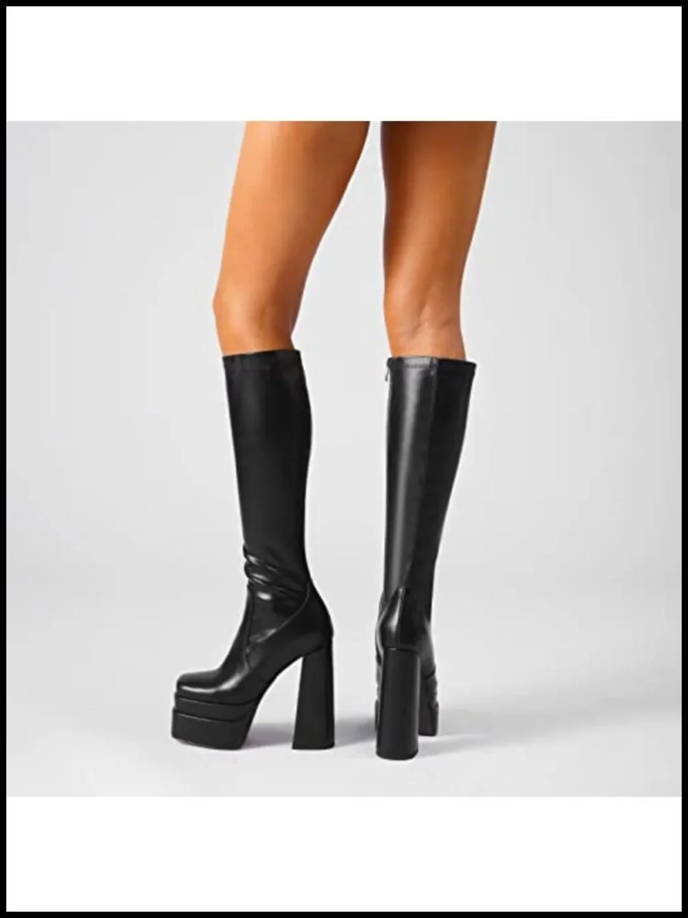 Knee High Platform Boots Chunky Heel Square Toe Stretch Fabric Go Go Boots